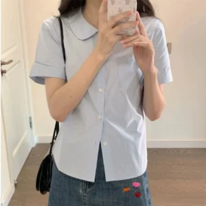 Niebieska koszulka z kołnierzykiem damska styl Preppy Niebieski