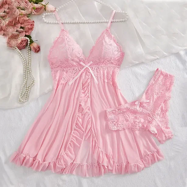 Niebieski komplet koszulka nocna z tiulu i koronki Różowy
