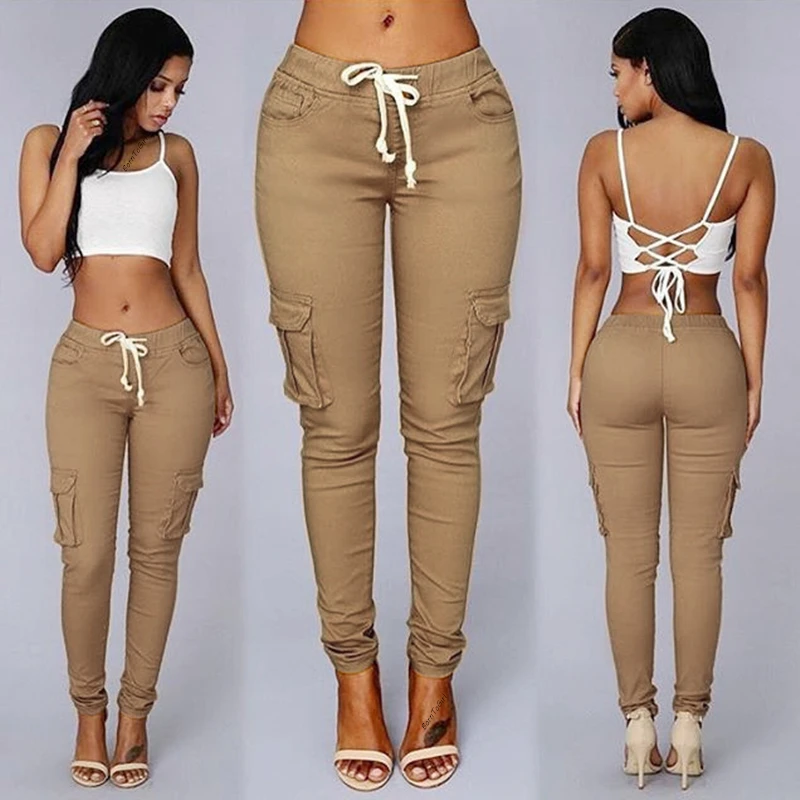 Obcisłe jeansy damskie z wysokim stanem Y2K Cargo Khaki
