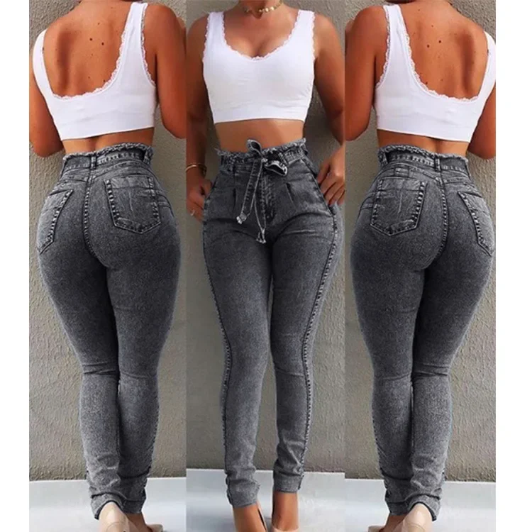 Obcisłe jeansy skinny z frędzlami i paskiem Beżowy