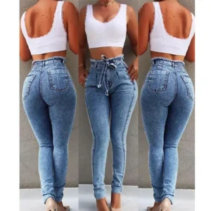 Obcisłe jeansy skinny z frędzlami i paskiem Niebieski