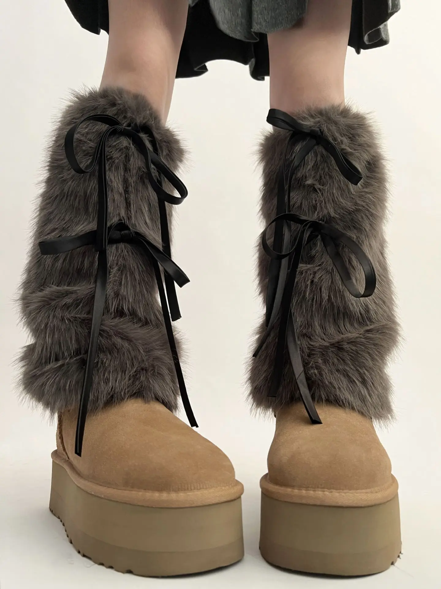 Ocieplacze na buty z kokardką i pluszem – styl Harajuku JK Granatowy