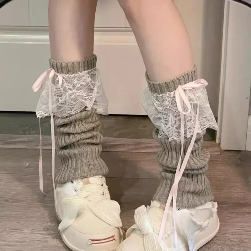 Dzianinowe ocieplacze na nogi z kokardką, styl Lolita Szary