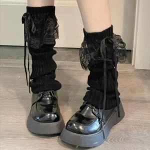 Ocieplacze na nogi z koronką i kokardką w stylu JK Lolita Czarny