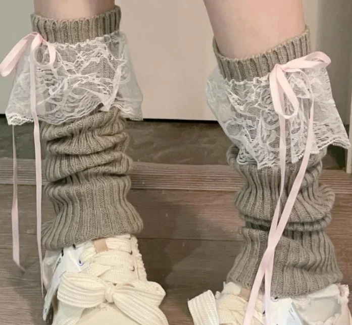 Ocieplacze na nogi z koronką i kokardką w stylu JK Lolita Niebieski