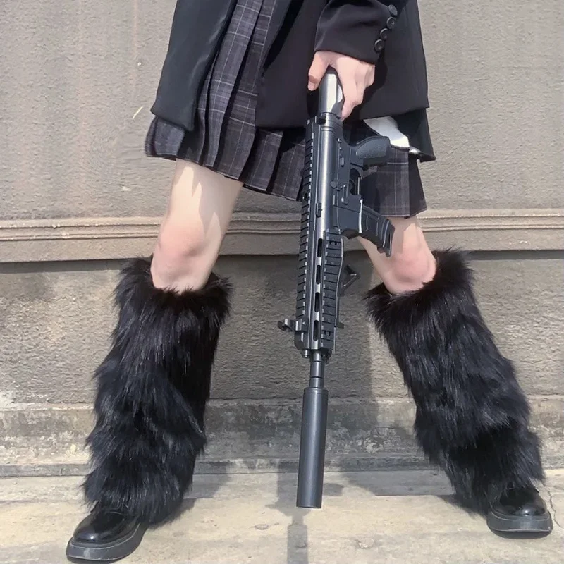 Ocieplacze na nogi ze sztucznego futra w stylu Lolita – jesień/zima Czarny