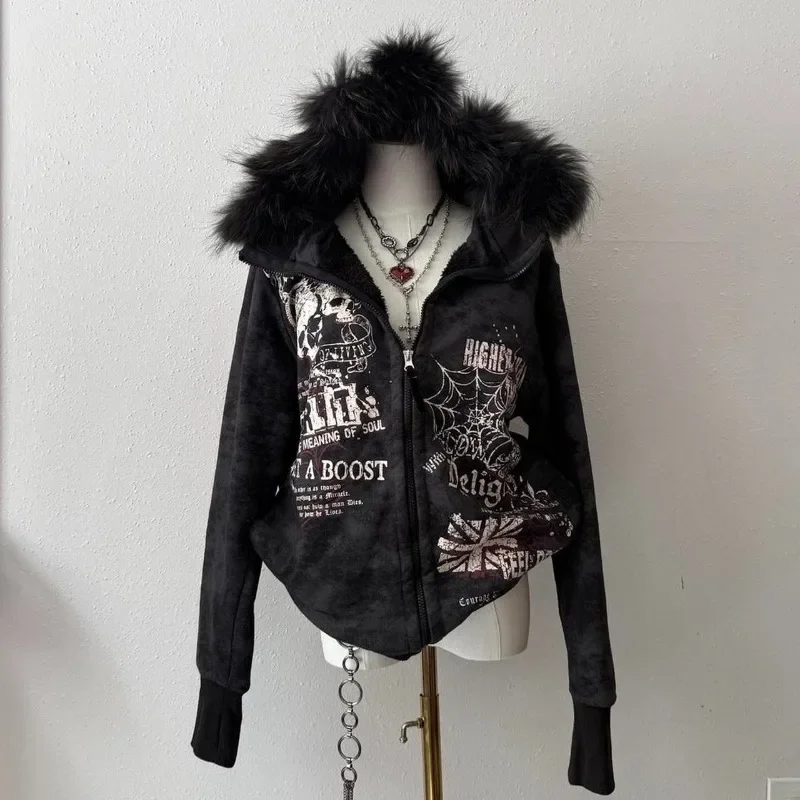 Ocieplana bluza z kapturem z nadrukiem czaszki Y2K gothic Beżowy