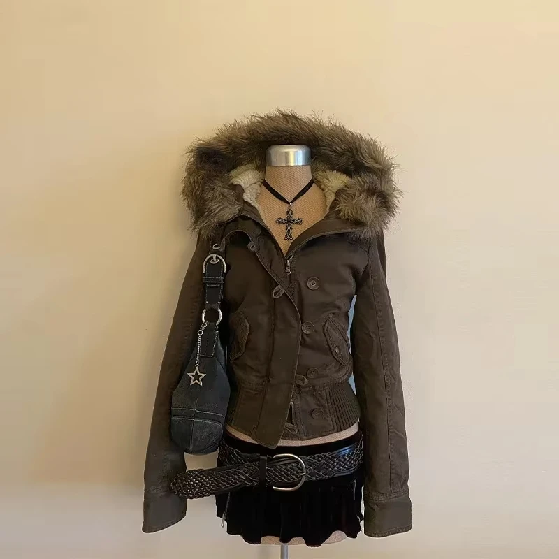 Ocieplana bluza z kapturem z nadrukiem czaszki Y2K gothic Brązowy