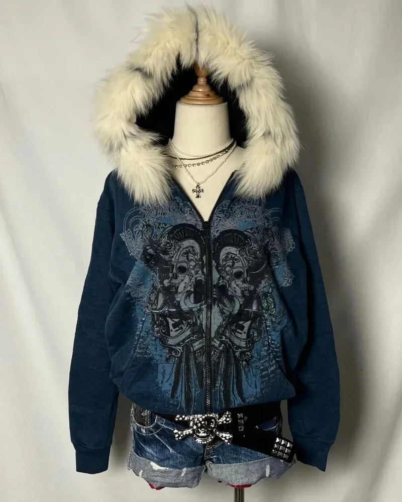 Ocieplana bluza z kapturem z nadrukiem czaszki Y2K gothic Czarny