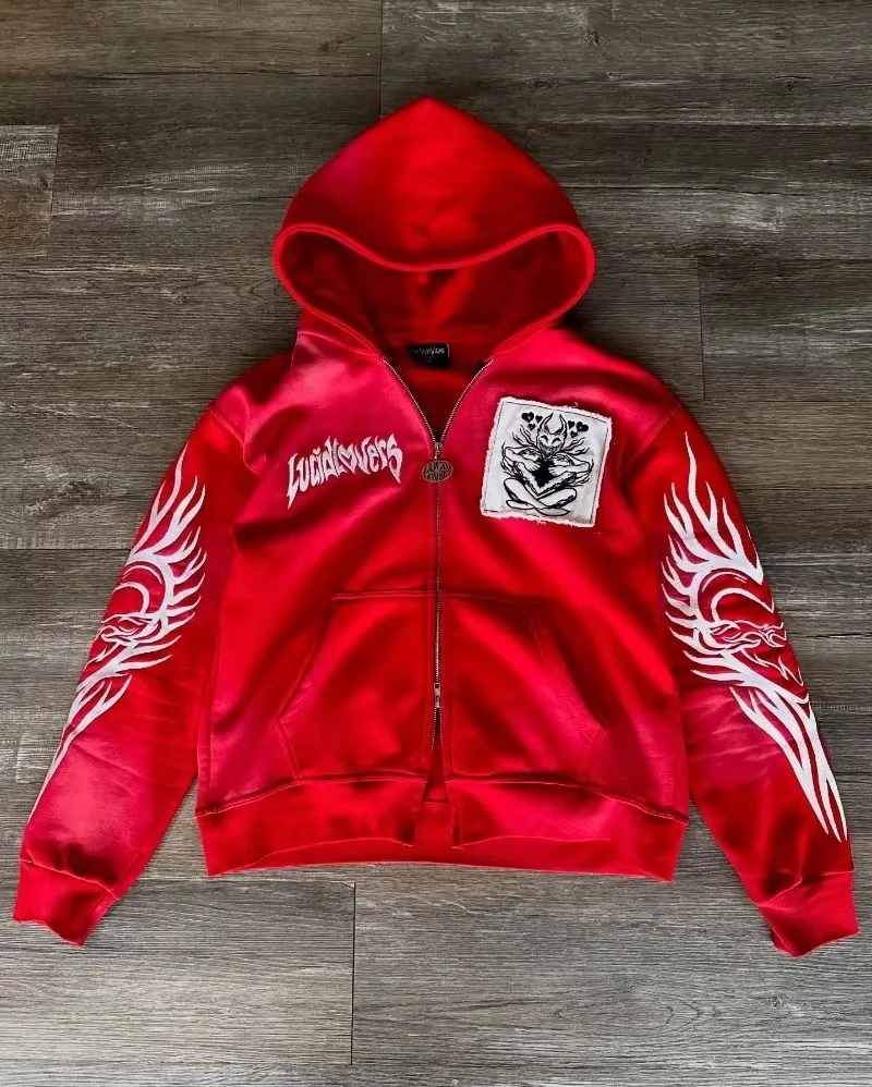Ocieplana bluza z kapturem z nadrukiem czaszki Y2K gothic Khaki
