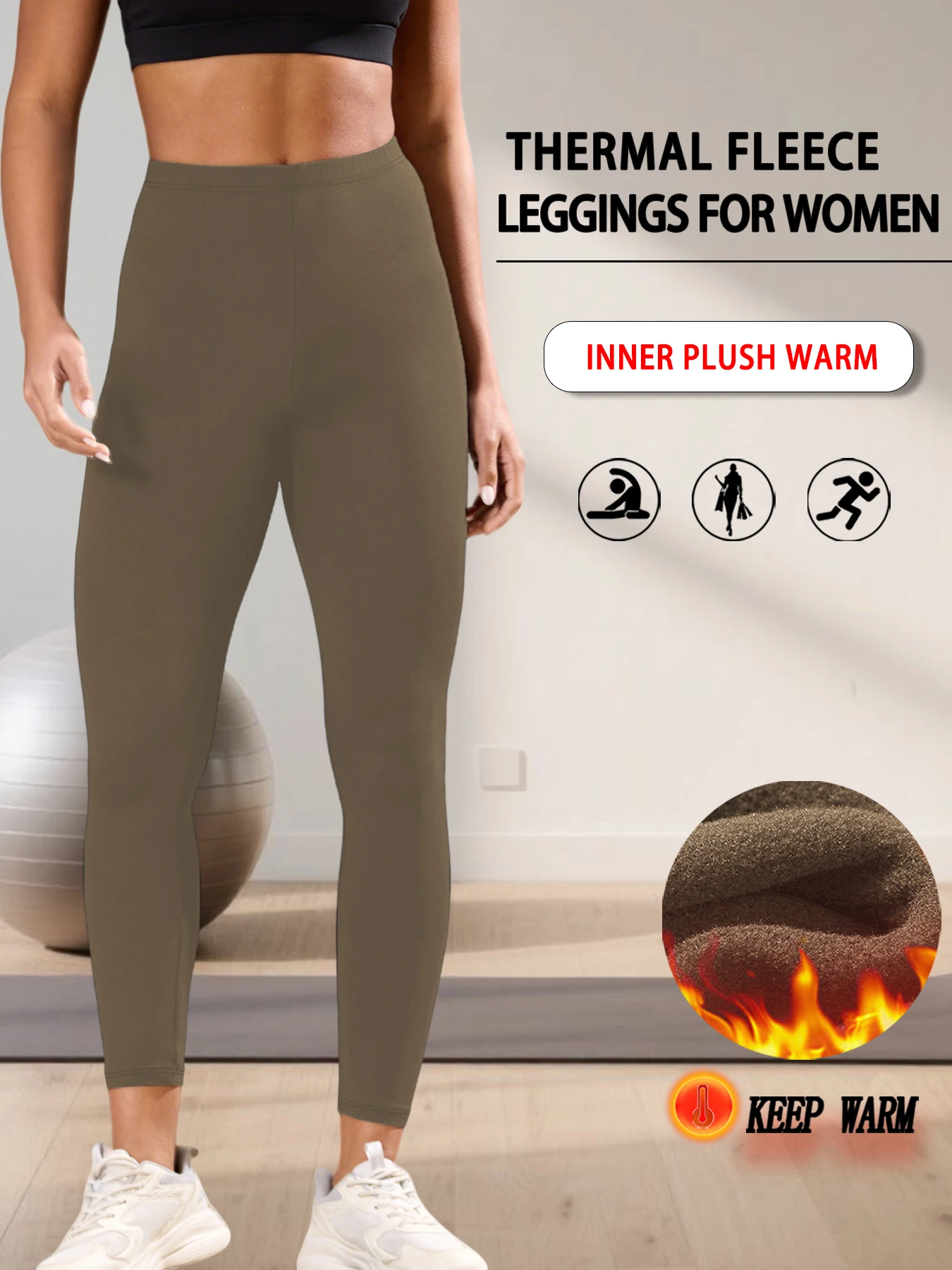 Ocieplane legginsy z polarem na zimę z wysokim stanem Brązowy