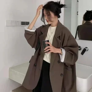 Oversize marynarka vintage z długim rękawem do biura Brązowy