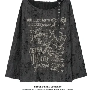 Oversize T-shirt vintage Y2K z odkrytymi ramionami i dziurami Czarny
