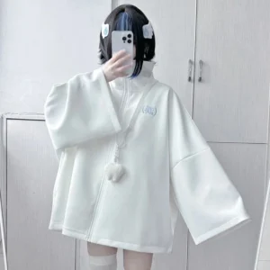 Oversize'owa bluza damska z haftem w stylu Harajuku Biały
