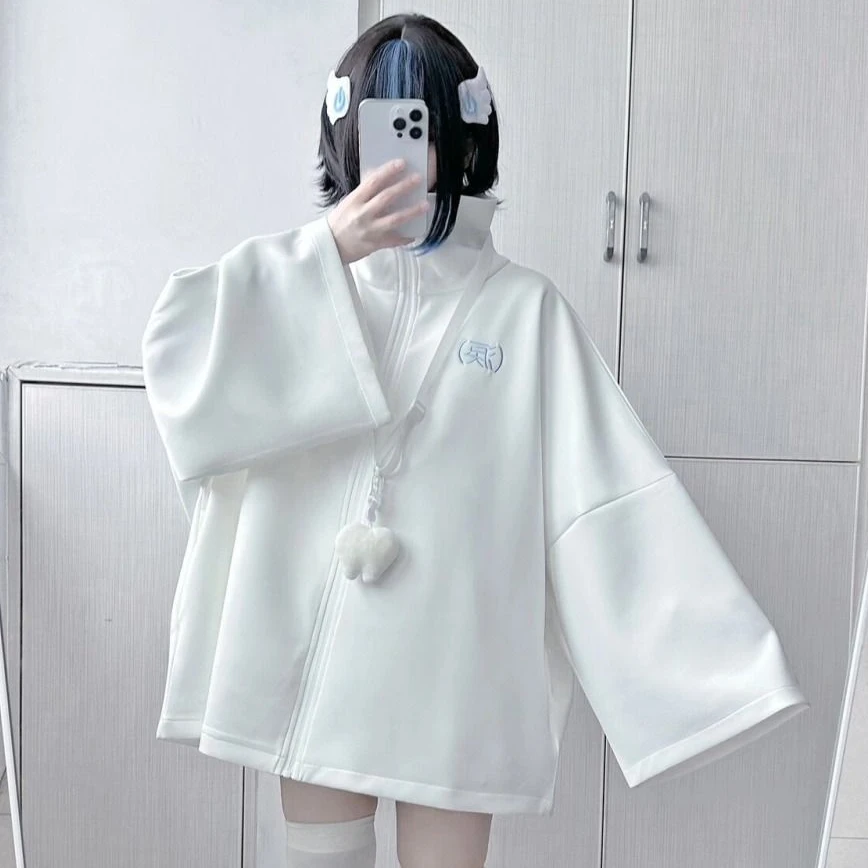 Oversize'owa bluza damska z haftem w stylu Harajuku Biały