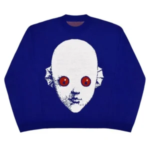 Oversizowy sweter z dzianiny w stylu vintage z grafiką Niebieski