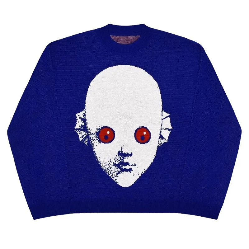 Oversizowy sweter z dzianiny w stylu vintage z grafiką Niebieski