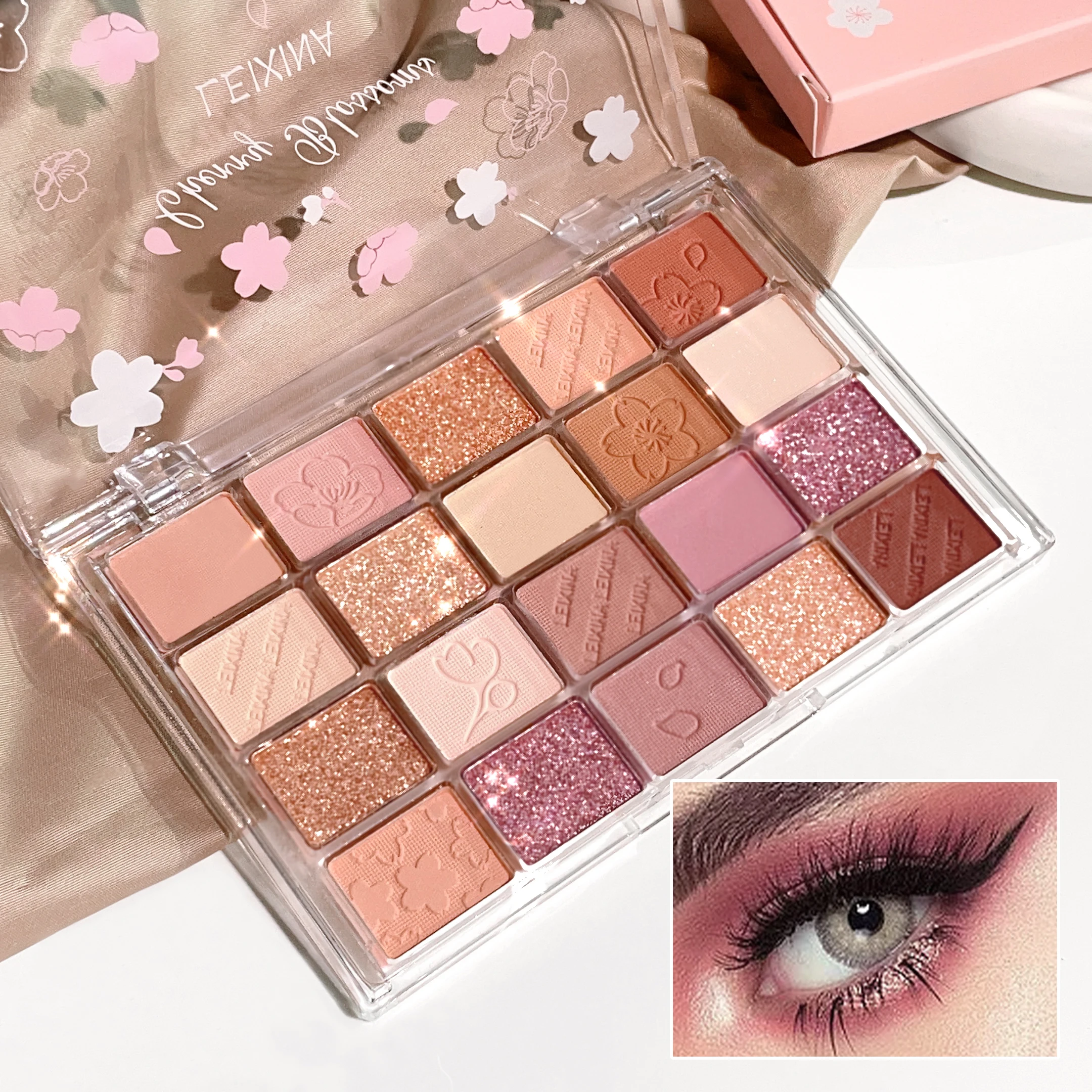 Paleta 20 cieni do powiek z brokatem i matowym wykończeniem Jasny róż