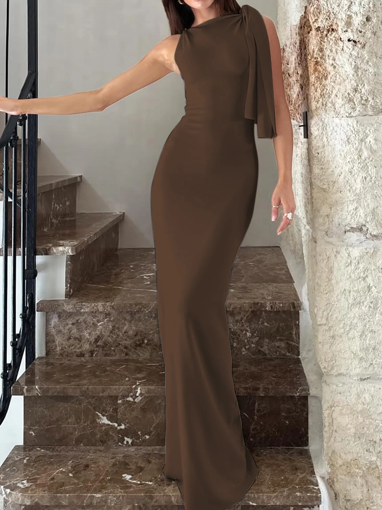 Patchworkowa sukienka maxi bodycon bez rękawów Y2K Brązowy