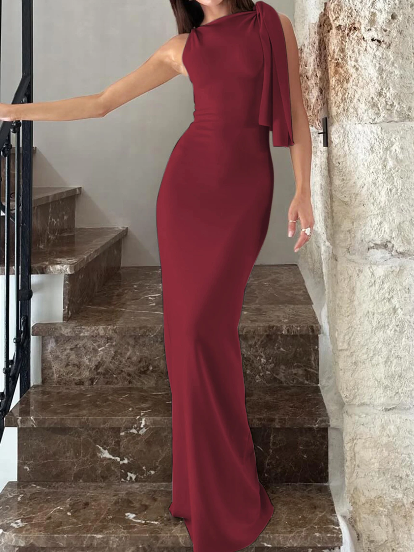 Patchworkowa sukienka maxi bodycon bez rękawów Y2K Kolor czerwonego wina