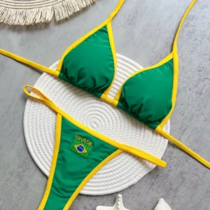 Patchworkowe bikini z haftem flagi Brazylii lato 2026 Beżowy