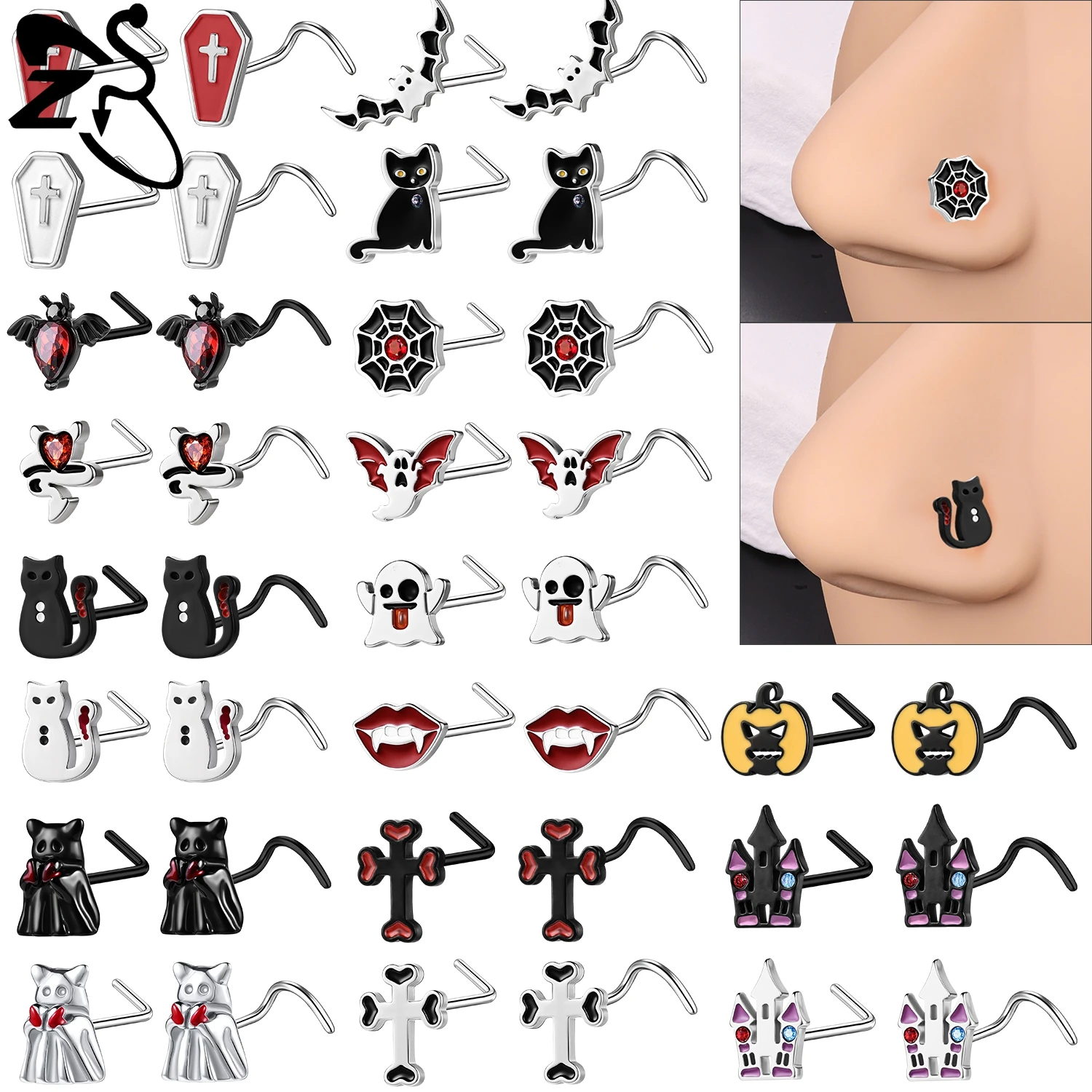 Piercing do nosa Halloween stal nierdzewna duch i nietoperz Biały