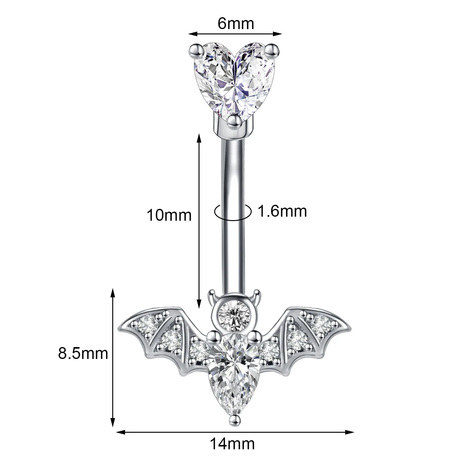 Piercing do pępka z kryształem – lis, serce, wąż, demon, motyw gotycki Platynowane