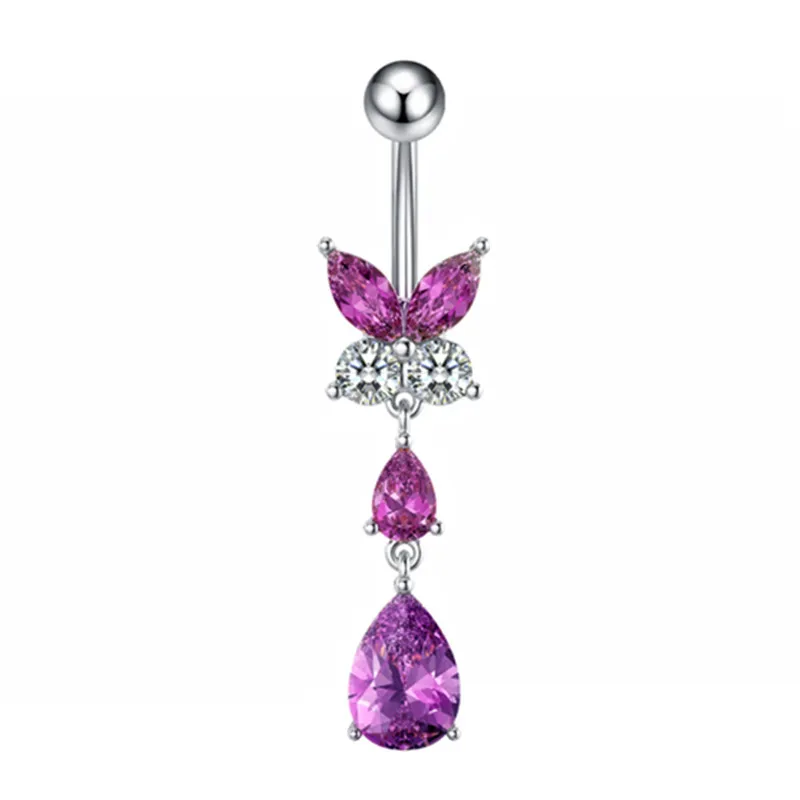 Piercing pępka fioletowy motyl kryształ serce 14G Czarny ocynkowany