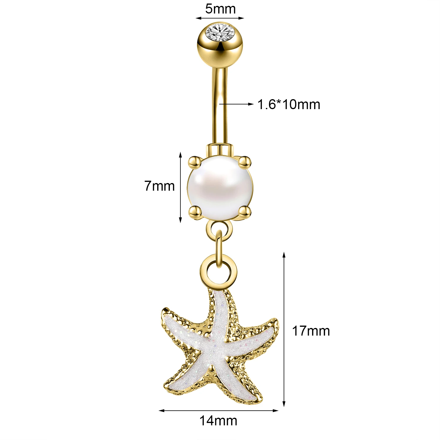 Piercing do pępka muszla rozgwiazda z kryształem i perłą 14G Imitacja rodowana
