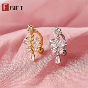 Piercing pępka tytan G23 z cyrkonią motyl i kwiat - 14G Biały
