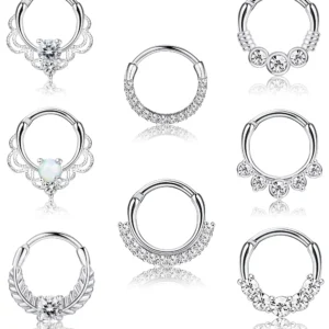 Piercing septum z opalem i cyrkonem CZ – stal nierdzewna, helix tragus daith 16G Szary