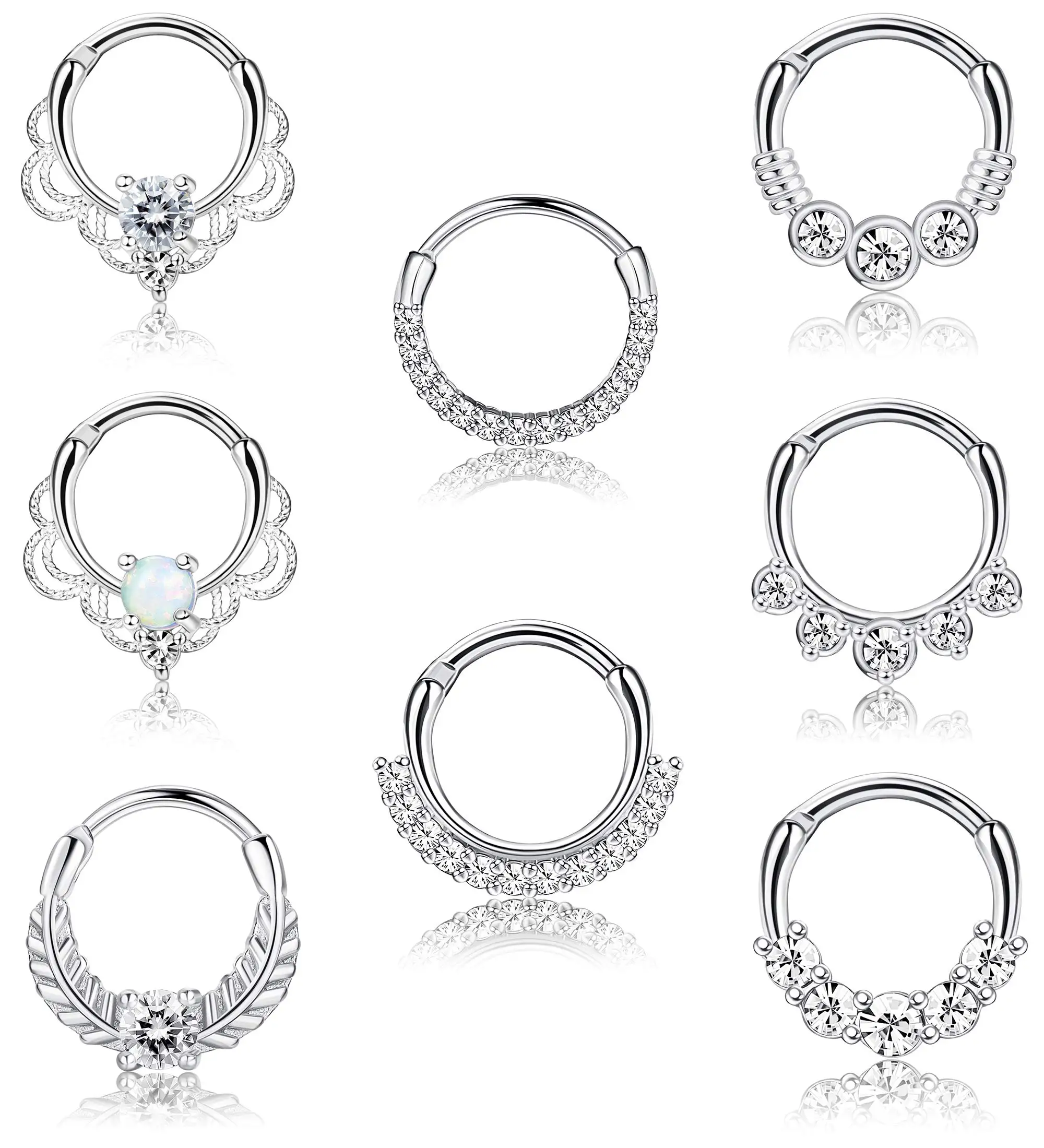 Piercing septum z opalem i cyrkonem CZ – stal nierdzewna, helix tragus daith 16G Szary