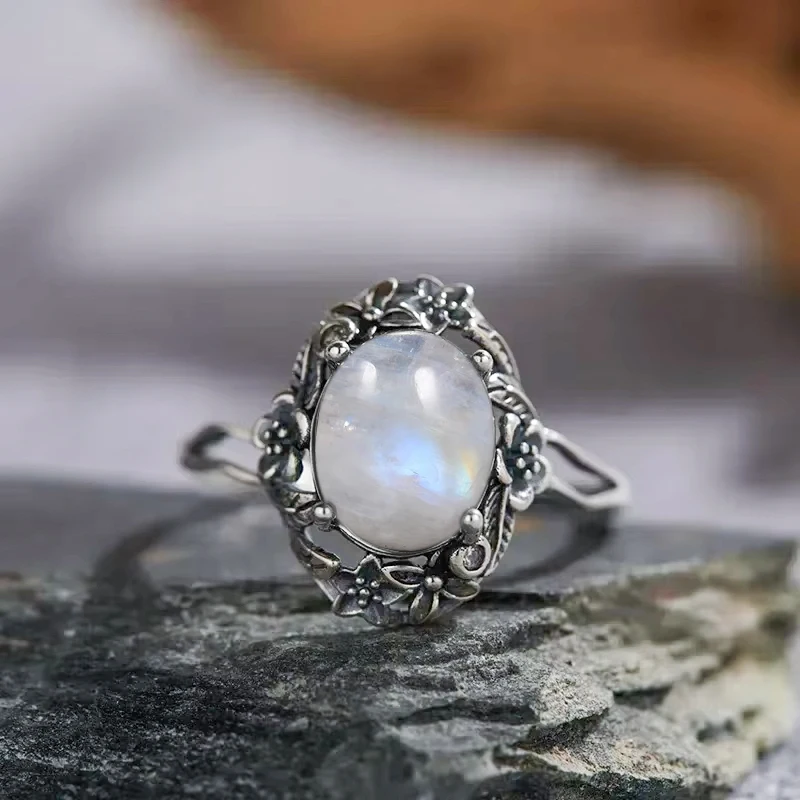 Pierścionek ze srebra 925 z kamieniem księżycowym, vintage Czerwony