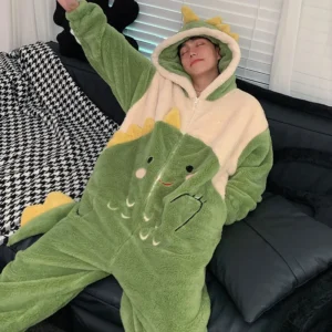 Piżama kigurumi dla par - polarowy kombinezon z kapturem Beżowy