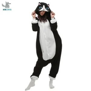 Piżama kigurumi dla dorosłych czarno-biały kot z kapturem