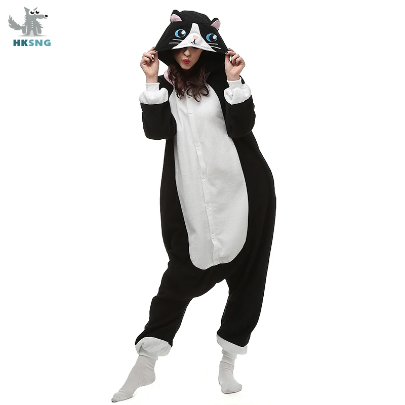 Piżama kigurumi dla dorosłych czarno-biały kot z kapturem