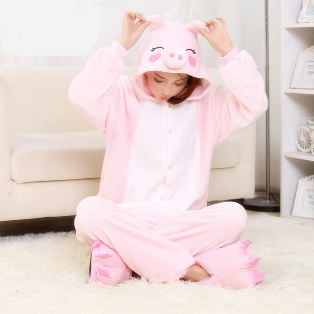 Piżama Kigurumi onesie - świnka, żabka, panda z miękkiej flaneli Fuksja