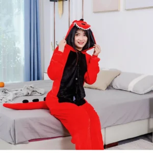 Piżama kombinezon Kigurumi czerwony dinozaur Beżowy