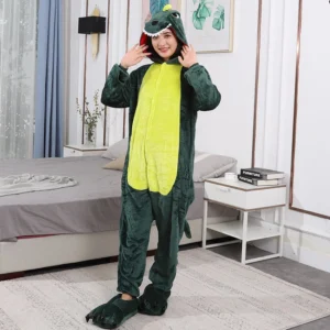 Piżama kombinezon Kigurumi zielony dinozaur z kapturem Beżowy