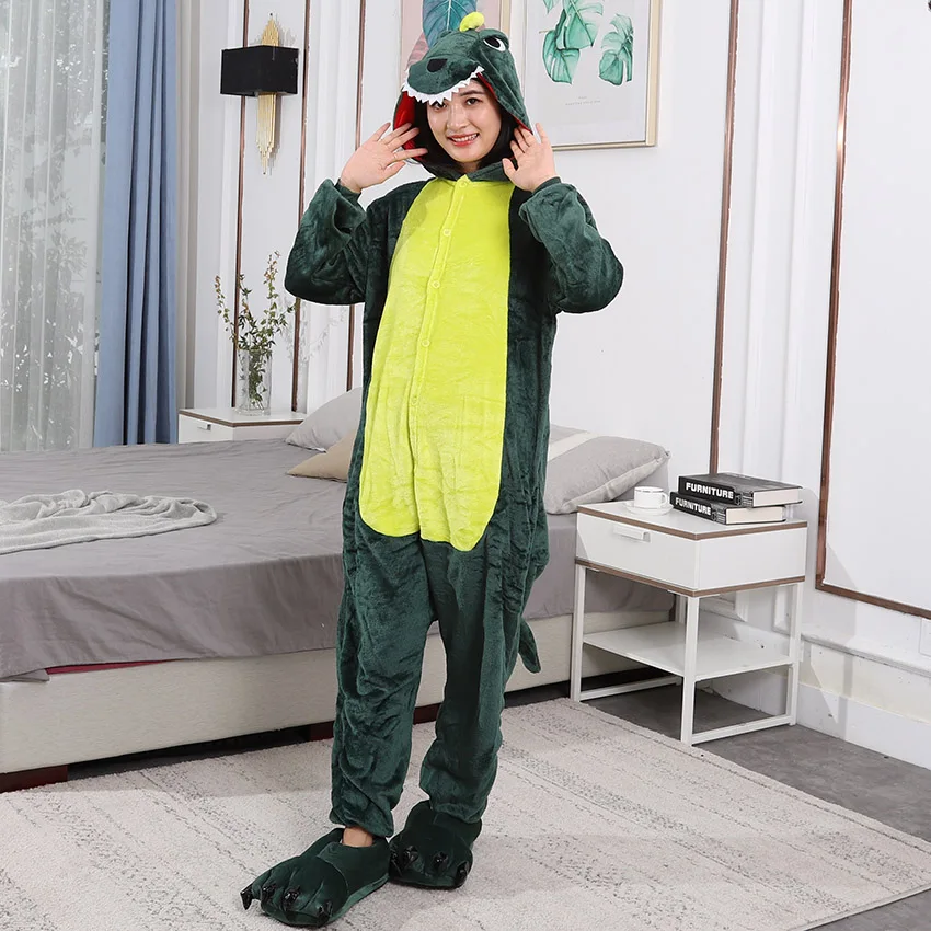 Piżama kombinezon Kigurumi zielony dinozaur z kapturem Beżowy