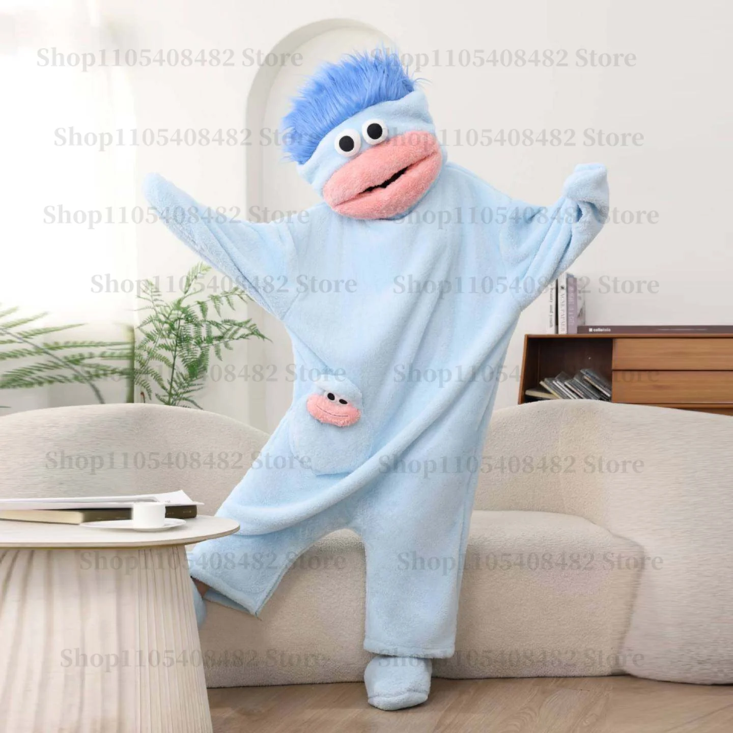 Piżama onesie Potwór - gruby kombinezon z koralowego polaru Błękitny
