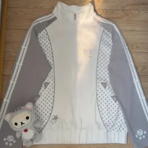 Damski płaszcz w kropki z golfem w stylu kawaii Szary
