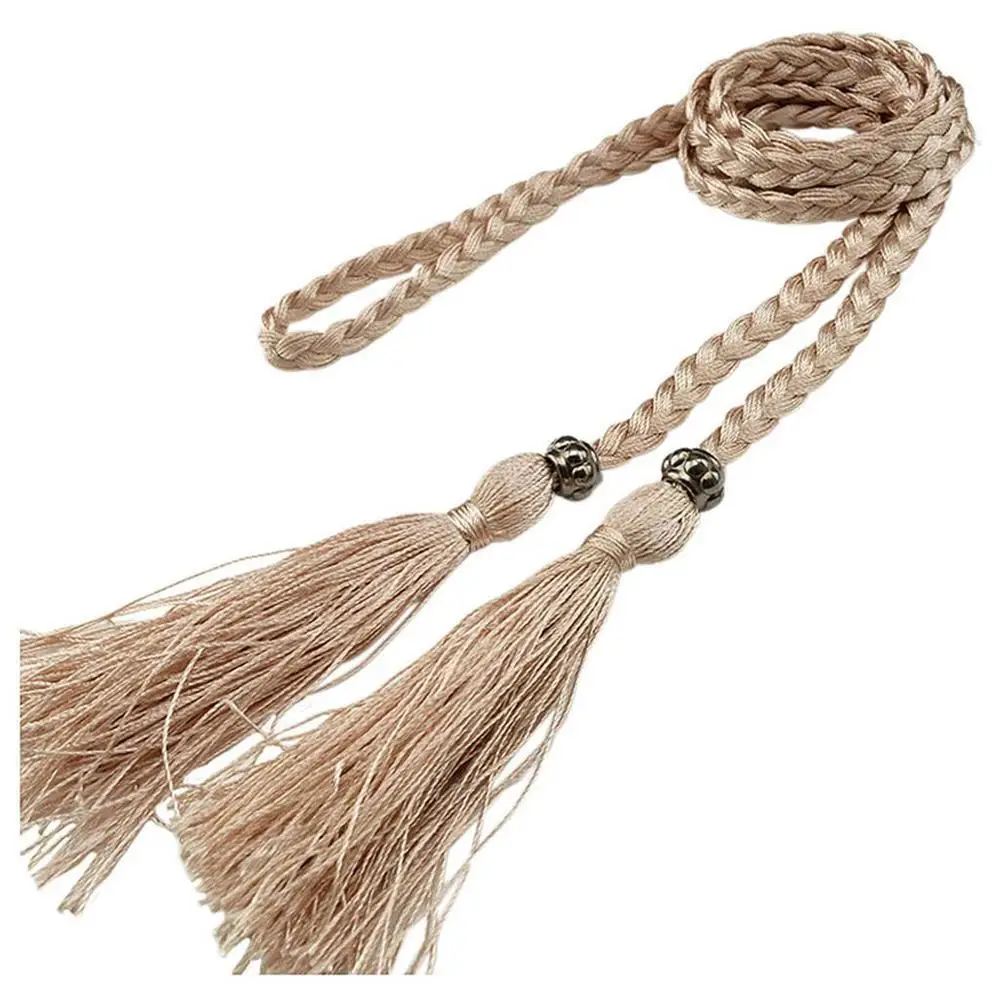 Pleciony pasek boho z frędzlami w pasie Morelowy
