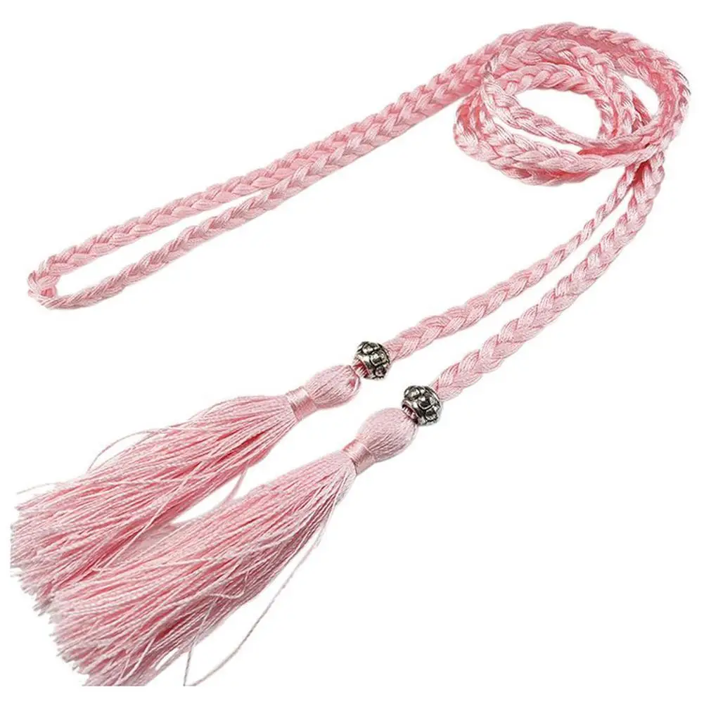 Pleciony pasek boho z frędzlami w pasie Różowy
