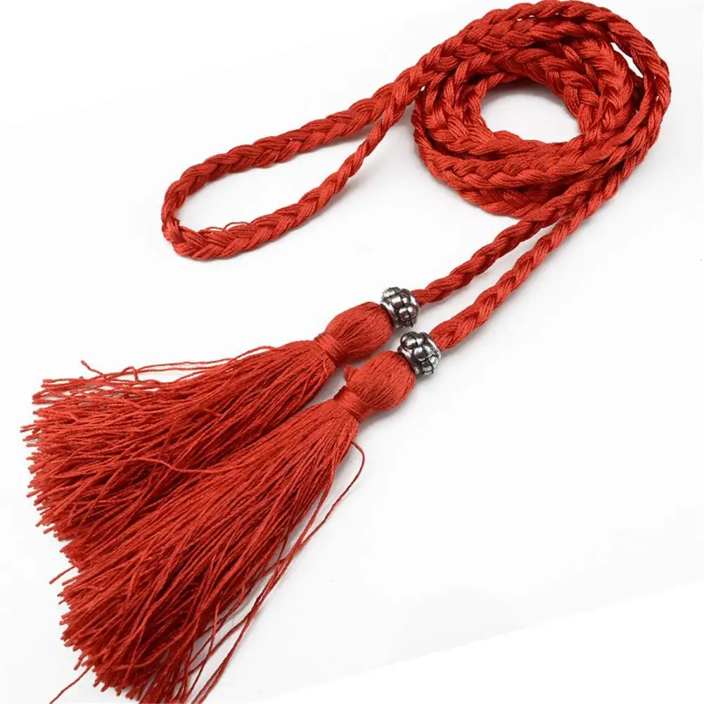 Pleciony pasek boho z frędzlami w pasie Czerwony