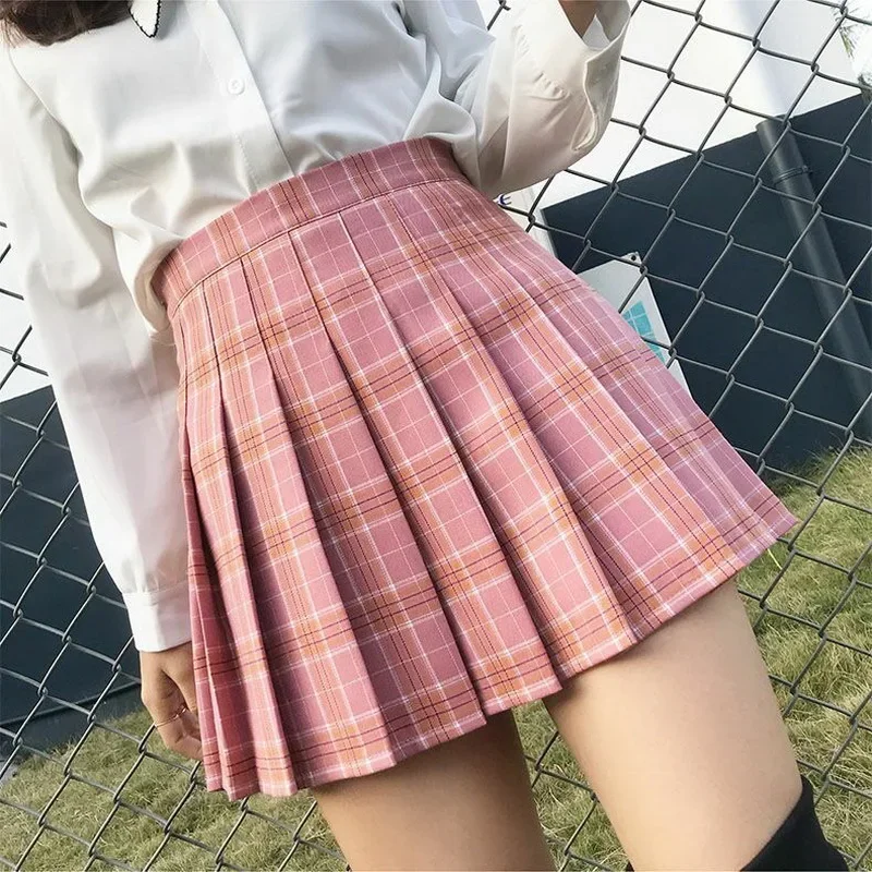 Plisowana mini spódnica w kratę koreańska szkolna Beżowy