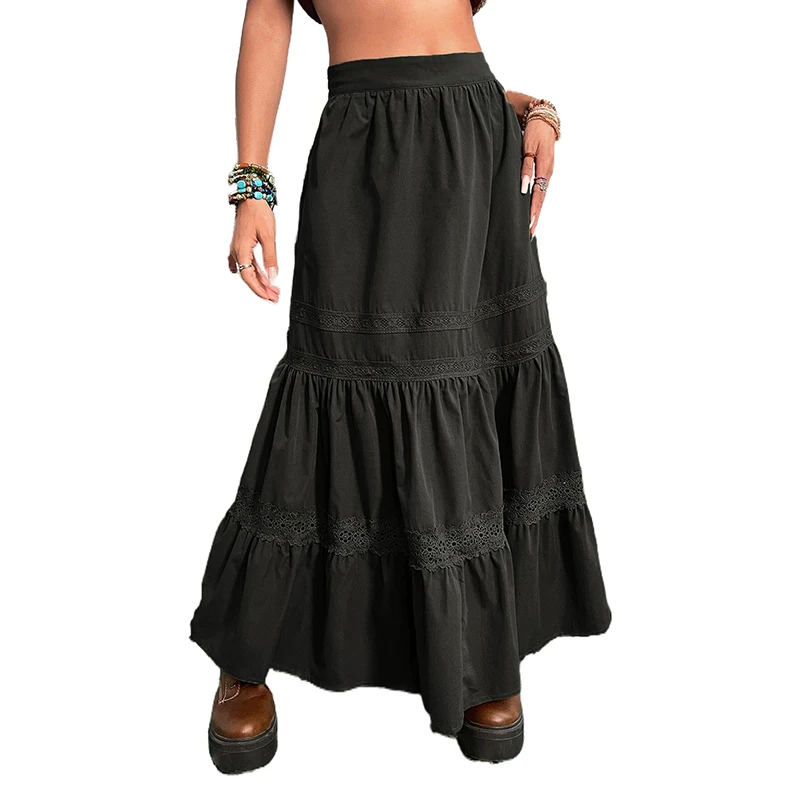 Plisowana spódnica maxi w stylu vintage boho z wysoką talią Czarny