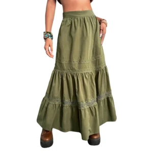 Plisowana spódnica maxi w stylu vintage boho z wysoką talią Zielony