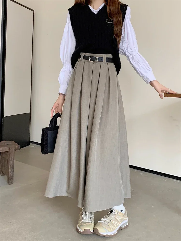 Plisowana spódnica midi w koreańskim stylu Khaki
