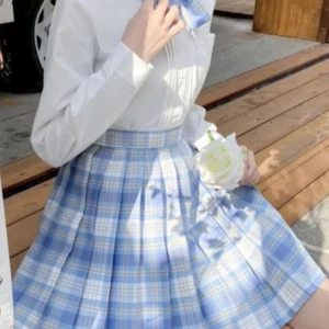 Plisowana spódniczka mini w kratę z kokardą Harajuku Niebieski